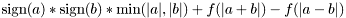 \[ \mbox{sign}(a) * \mbox{sign}(b) * \mbox{min}(|a|,|b|) + f(|a+b|) - f(|a-b|) \]