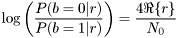 \[\log \left( \frac{P(b=0|r)}{P(b=1|r)} \right) = \frac{4 \Re\{r\}} {N_0}\]