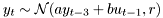 \[ y_t \sim \mathcal{N}( a y_{t-3} + b u_{t-1}, r) \]