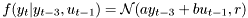 \[ f(y_t|y_{t-3},u_{t-1}) = \mathcal{N}( a y_{t-3} + b u_{t-1}, r) \]